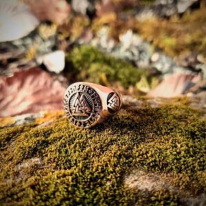 Valknut Signet Runic Polished Bronze Ring