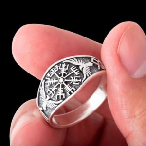Vegvisir With Raven And Runes Ring 925 Sterling Silver