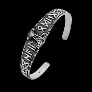 925 Sterling Silver Mjolnir With Hail Odin Runes Bangle
